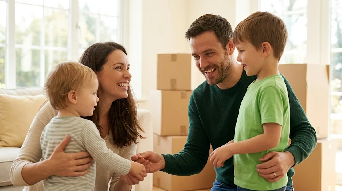 Clear and professional marketing photography of a happy family moving into a new home with their children. A mother and fathe