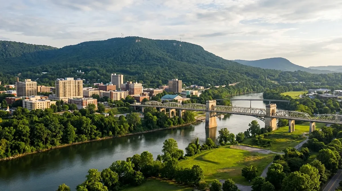 Scenic Chattanooga skyline and Tennessee River with Walnut Street Bridge and Lookout Mountain in the background.