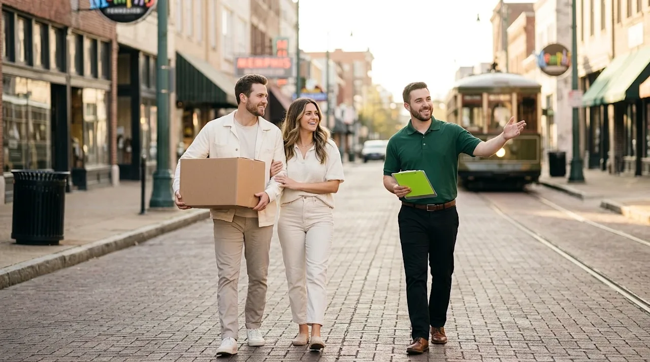 Professional marketing photography, wide establishing shot for a blog hero image. A happy, relaxed couple walking down a char