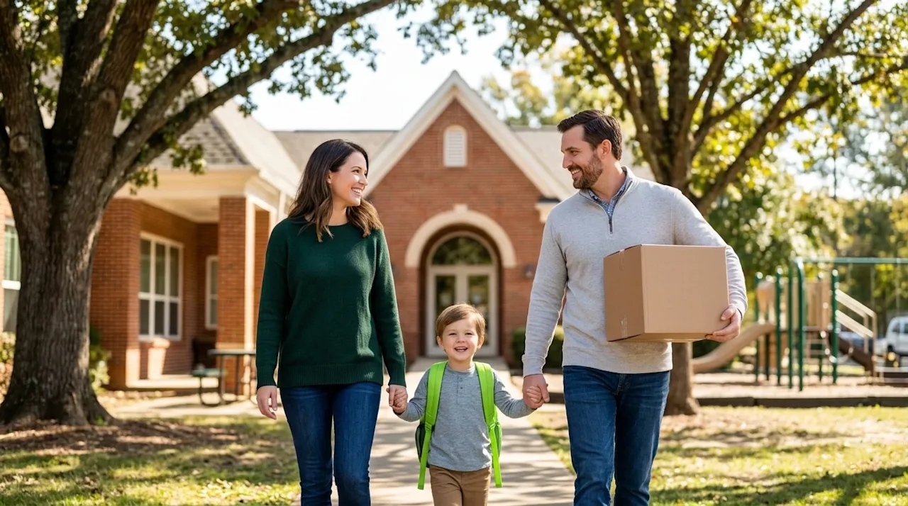 Professional lifestyle marketing photography of a happy family arriving at a welcoming preschool on a bright, sunny day in Kn