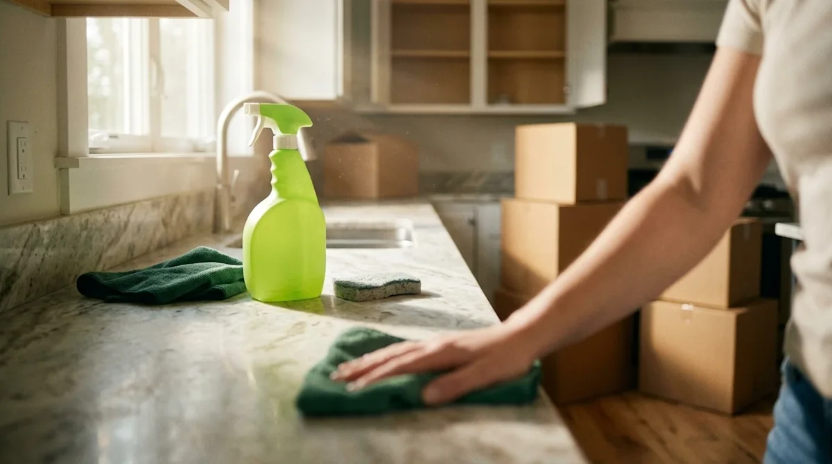 A candid, photorealistic 35mm film photograph of a bright kitchen counter being cleaned during a move, representing the use o