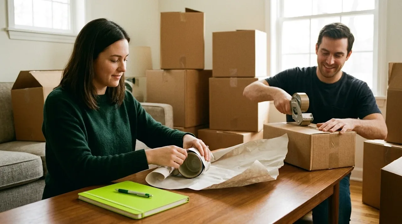 A candid, authentic lifestyle photograph of a couple packing their home for a move, illuminated by warm natural window light.
