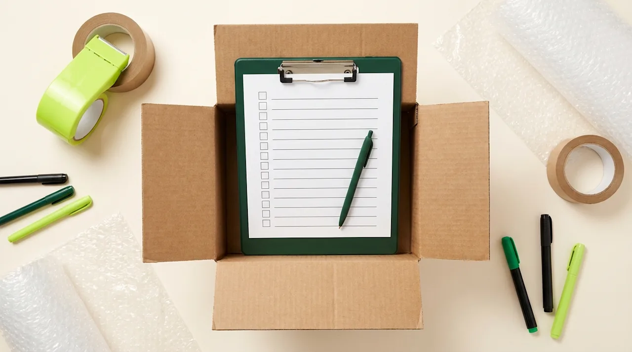 Moving checklist on a clipboard inside a cardboard box surrounded by packing tape, bubble wrap, and markers.