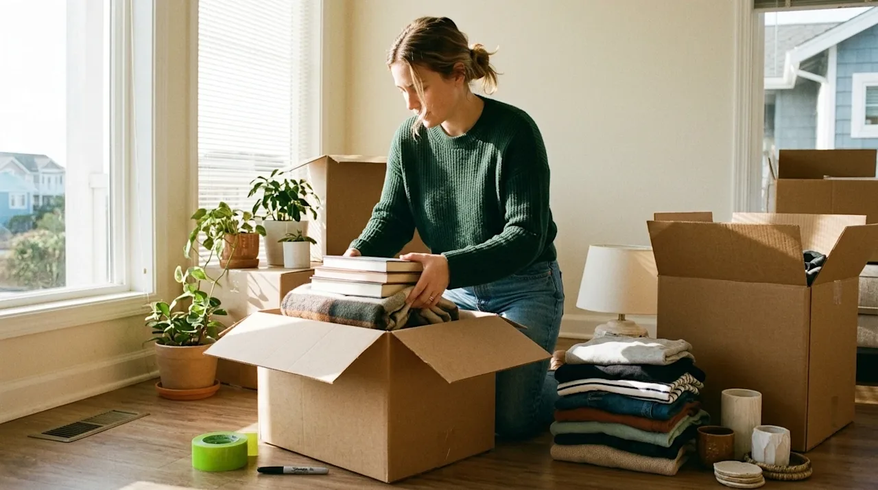 A candid, photorealistic lifestyle photograph of a person in a bright, sun-drenched living room sorting household items and c