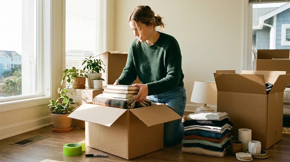 A candid, photorealistic lifestyle photograph of a person in a bright, sun-drenched living room sorting household items and c