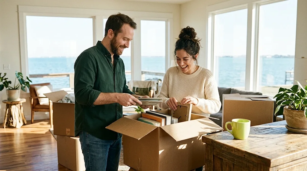 Candid, authentic lifestyle photography of a happy couple unpacking kraft brown moving boxes in the bright, airy living room