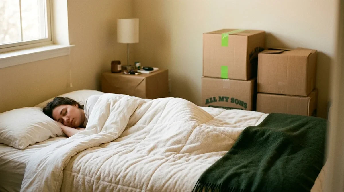 Candid lifestyle photography shot on 35mm film, warm analog aesthetic with slight photographic grain. A cozy, partially unpac