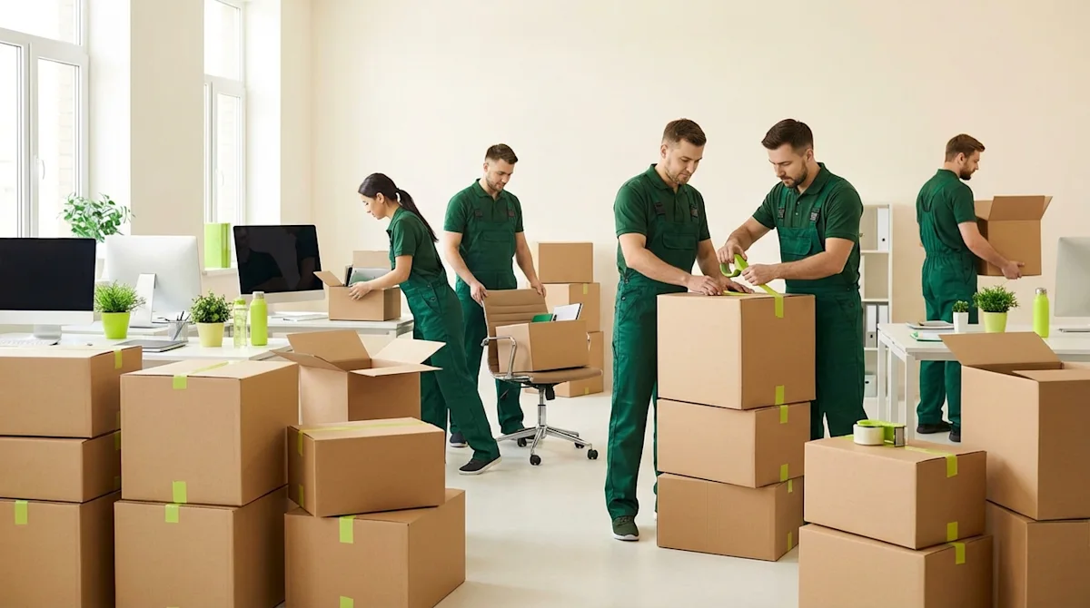 Professional movers in green uniforms packing boxes and office equipment during a corporate office relocation.