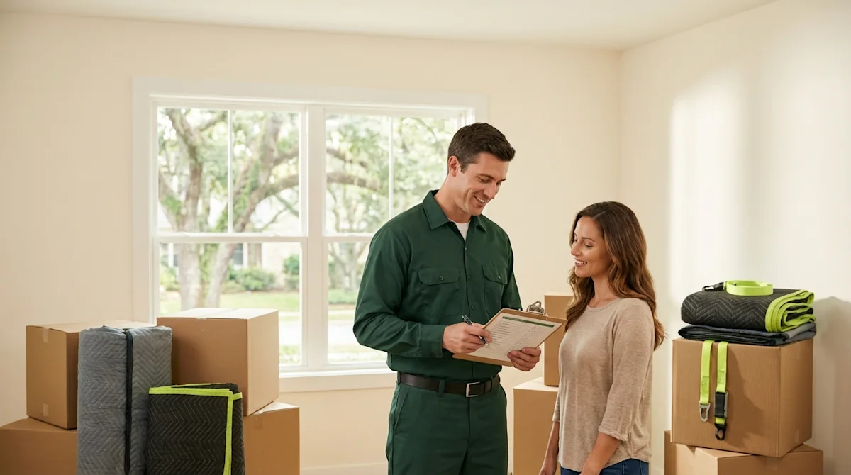 Professional mover in green uniform reviews a checklist with a client in a bright room with packed moving boxes.