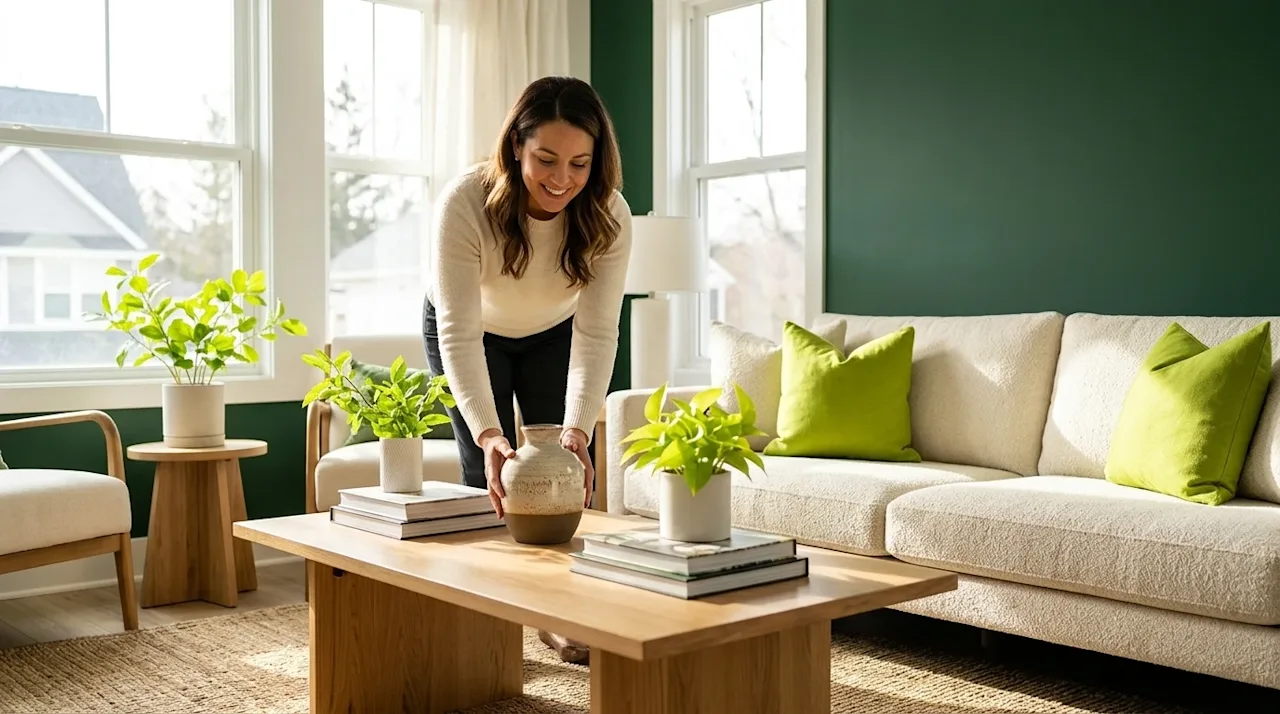 Clear, professional marketing photography of a bright, newly renovated living room being expertly staged for a home sale. A h