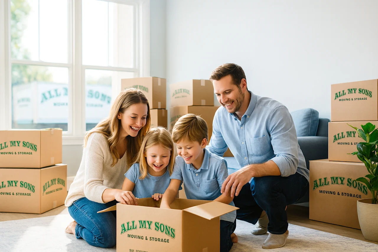 A happy family (parents and two children) joyfully unpacks All My Sons Moving & Storage boxes in their new home, showcasing a stress-free residential move.