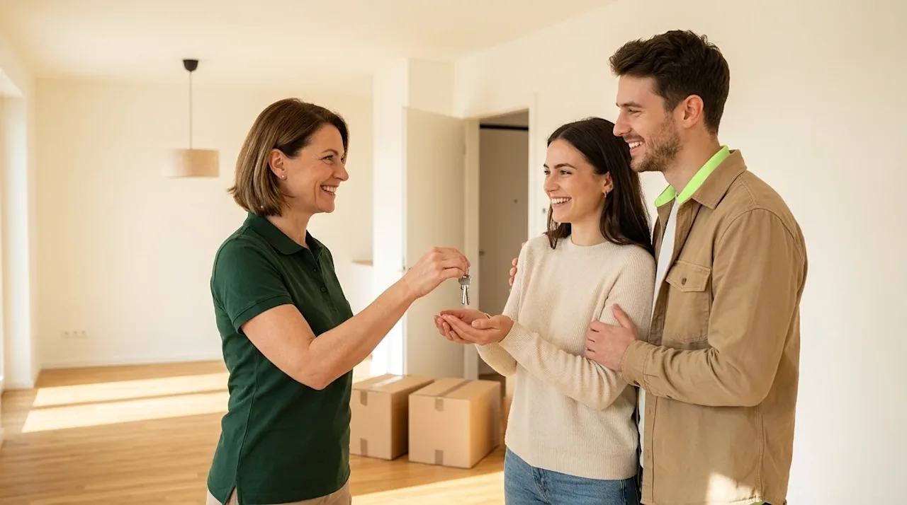 Clear and professional marketing photography of a smiling young adult couple receiving a set of apartment keys from a welcomi