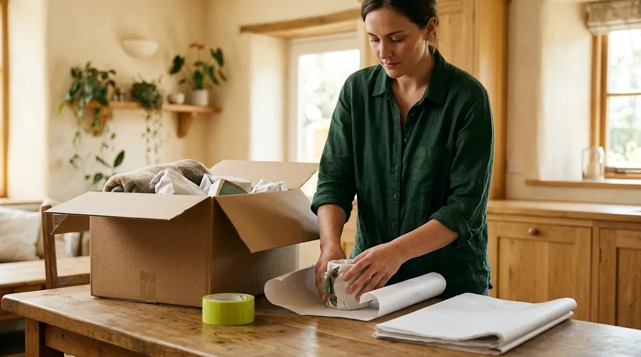 Candid, warm lifestyle photography of a person carefully packing a home for a move. The scene is set in a cozy, sunlit living