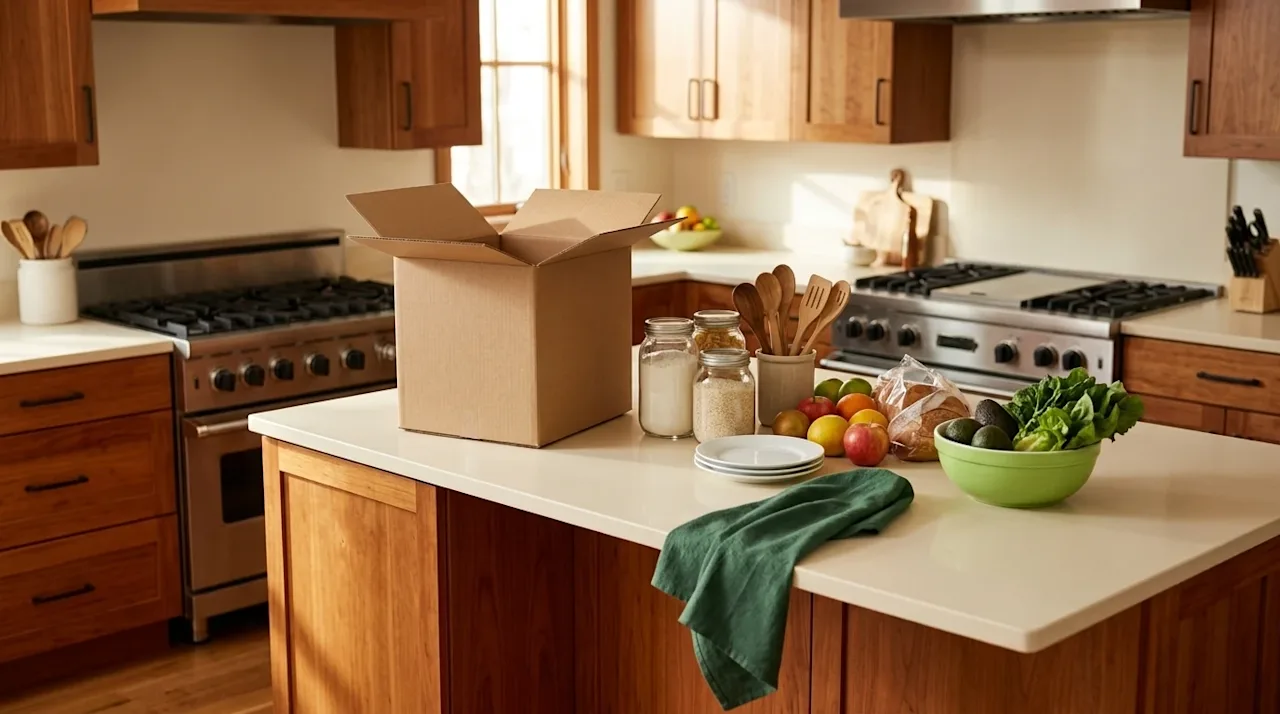 Professional marketing lifestyle photography of stocking a new kitchen from scratch. A bright, inviting kitchen interior with