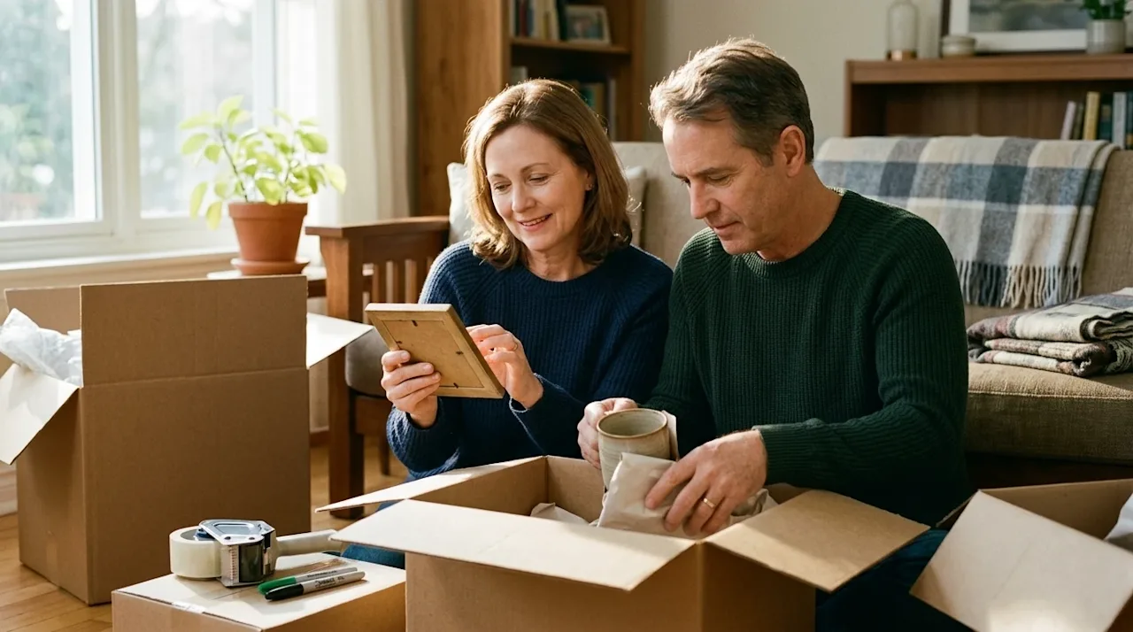 A warm, candid lifestyle photograph of a middle-aged couple in a sunlit, cozy living room, thoughtfully sorting through house