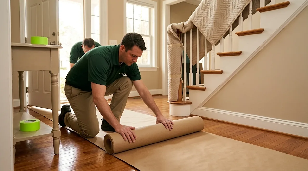 Clear, professional marketing photography of two movers carefully rolling out a protective kraft brown paper floor runner ove