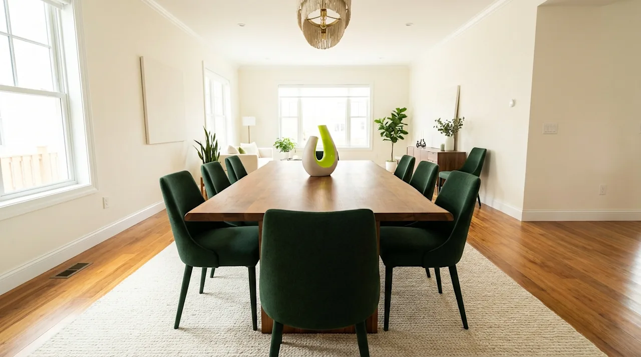 Spacious modern dining room with solid wood table and elegant forest green chairs in a bright, cream-walled home.