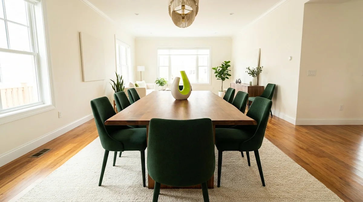 Spacious modern dining room with solid wood table and elegant forest green chairs in a bright, cream-walled home.