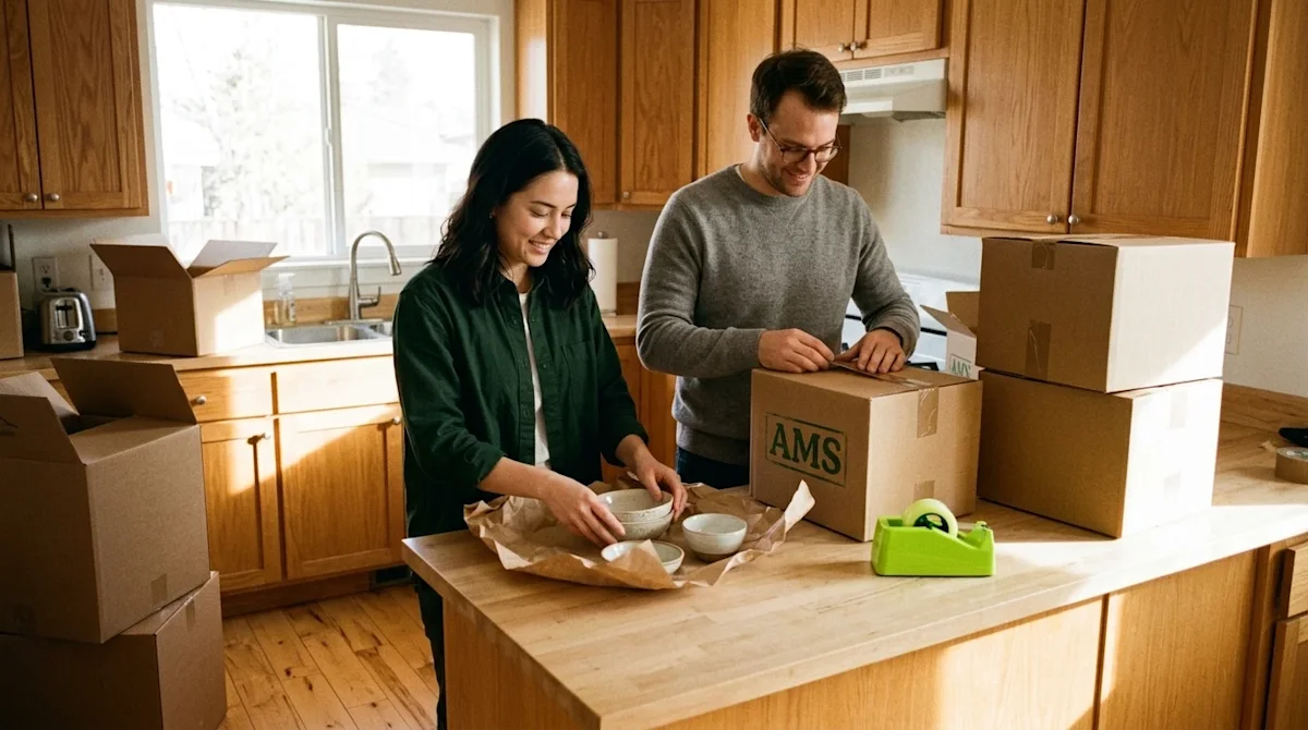 Candid lifestyle photograph of a couple organizing their home for an upcoming move, capturing an authentic, stress-free atmos