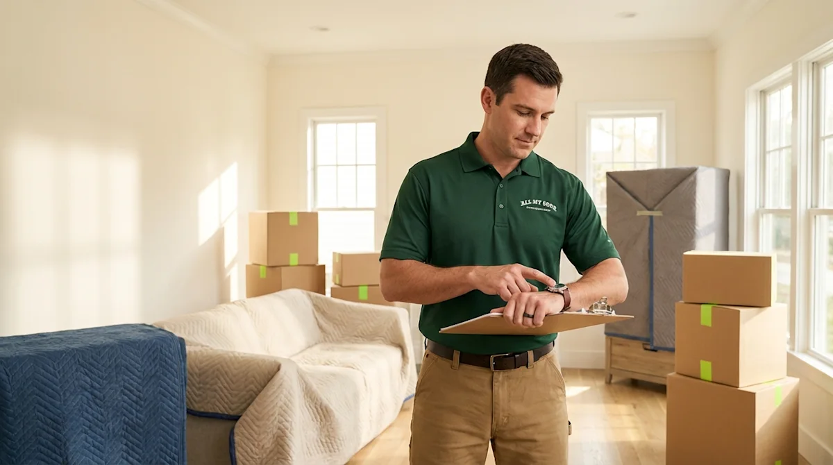 All My Sons mover checking his watch and clipboard in a sunlit home with boxes and wrapped furniture.