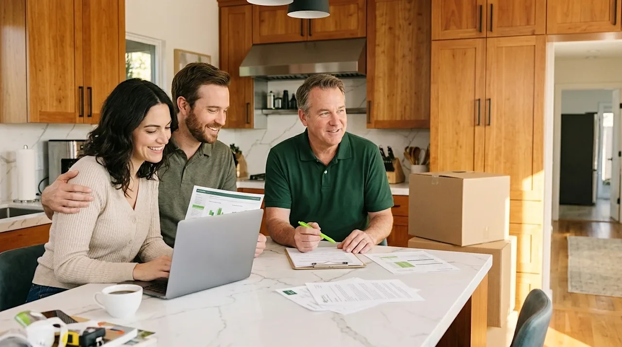 Professional marketing photography of a relaxed, happy couple sitting at a white marble kitchen island in a warm, wood-toned