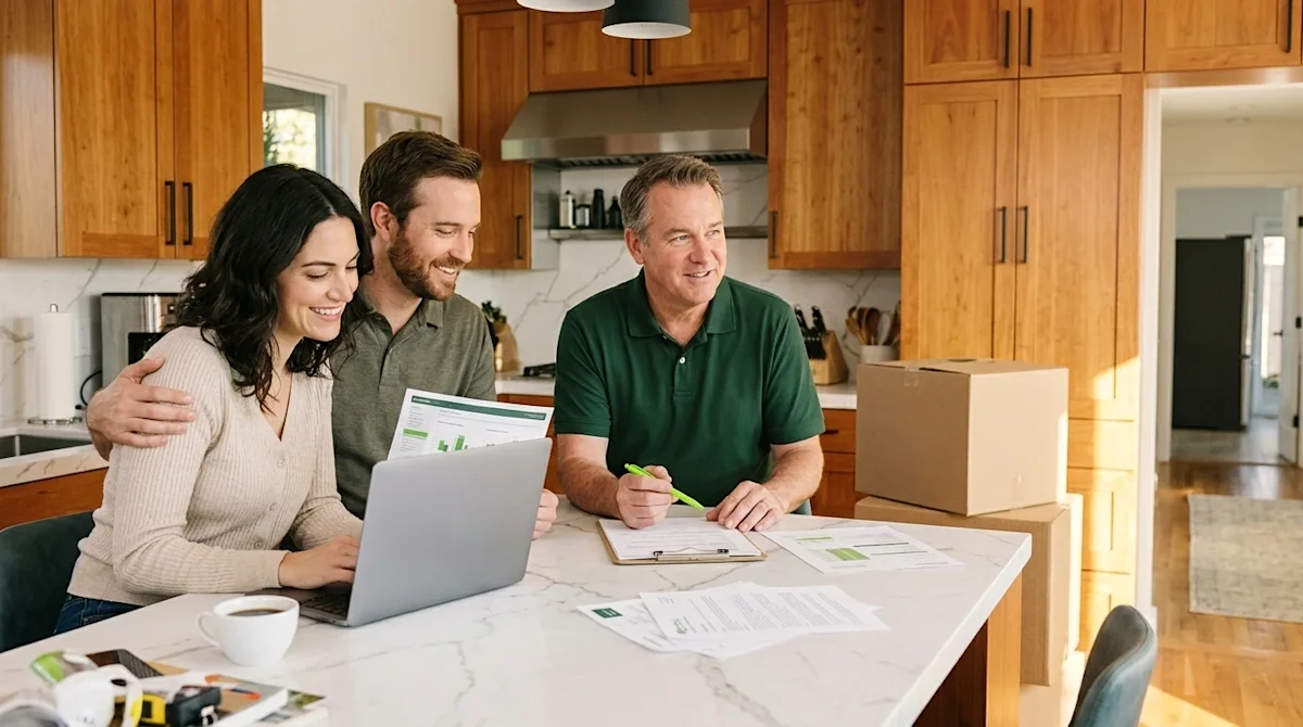 Professional marketing photography of a relaxed, happy couple sitting at a white marble kitchen island in a warm, wood-toned