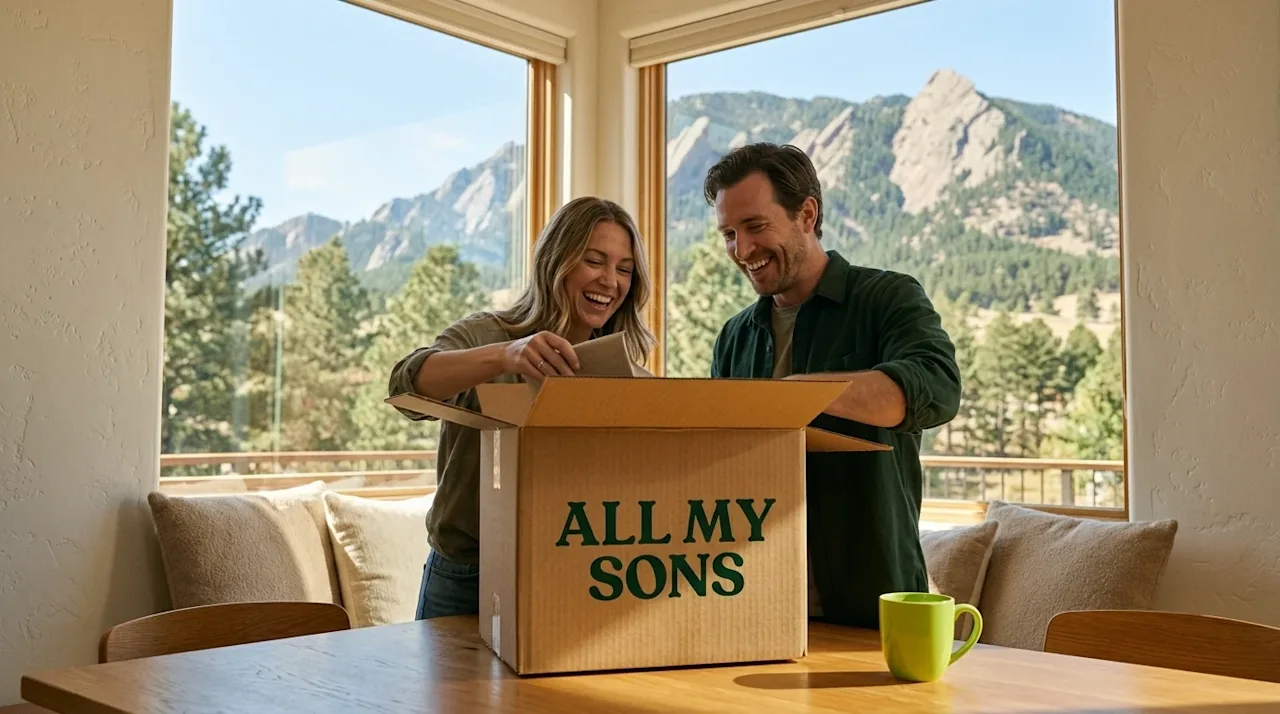 Professional marketing photography of a happy couple unpacking in their new sun-drenched home in Boulder, Colorado. Through a
