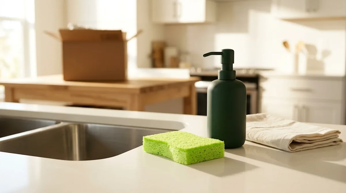 Photorealistic lifestyle photography of a fresh, bright lime-green kitchen sponge resting on a clean cream-colored kitchen co