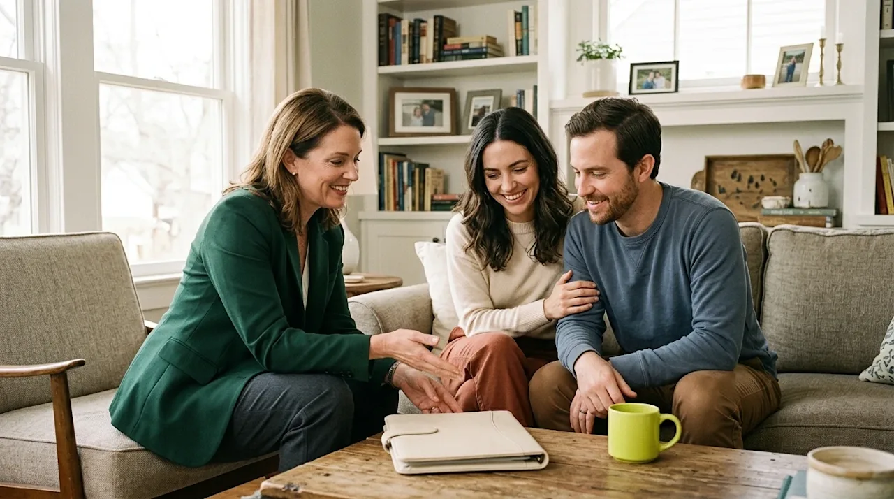 Candid lifestyle photography of a friendly, professional real estate agent meeting with a happy, engaged couple in a brightly