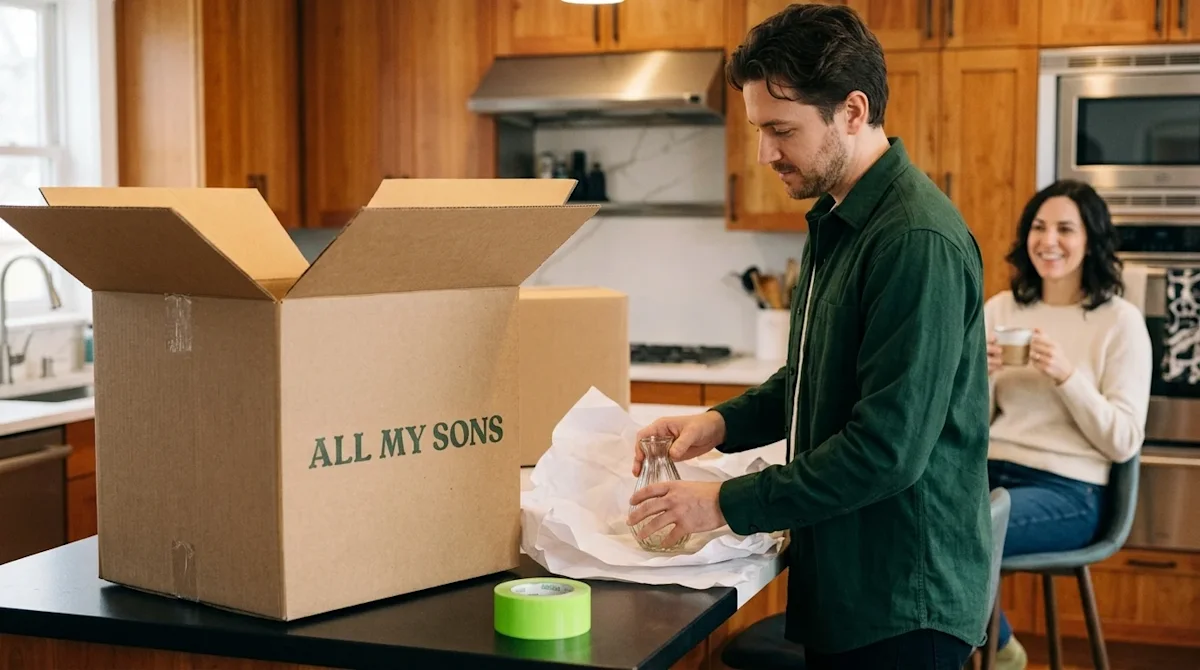 A candid, warm lifestyle photograph illustrating a complete professional packing service in action inside a well-lit, cozy ho