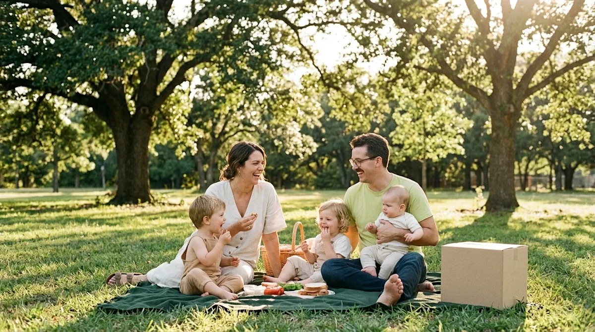 A candid, heartwarming lifestyle photograph of a happy family enjoying a sunny outdoor venue in Victoria, Texas. A mother, fa