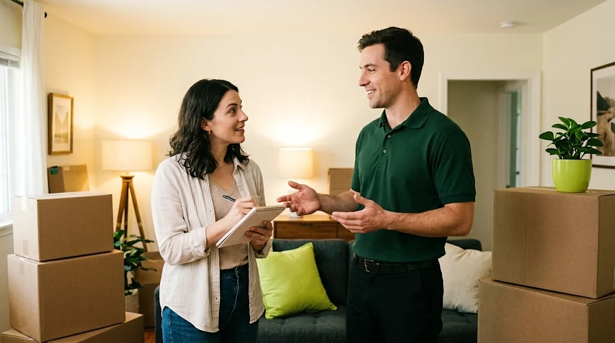 Candid lifestyle photography of a friendly professional mover having a helpful conversation with a homeowner in a partially p