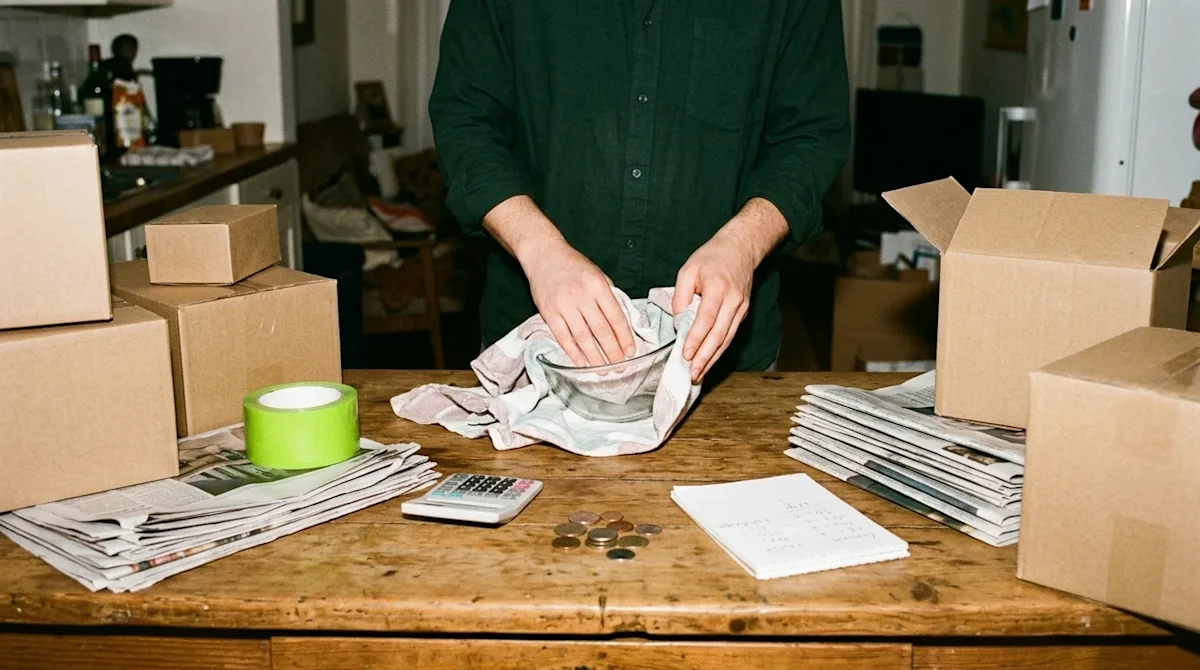 A candid, authentic lifestyle film photograph illustrating the concept of saving money on packing supplies. A rustic wooden t
