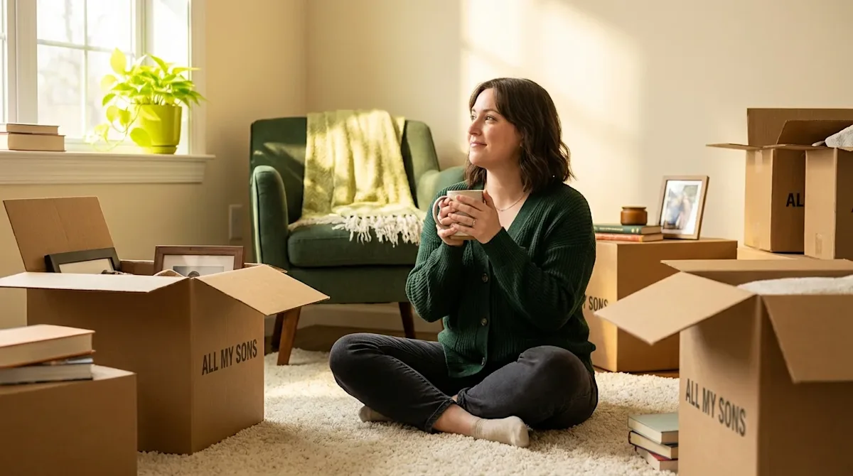 Woman unpacking All My Sons moving boxes in a new home while reflecting with a warm mug in a cozy room.