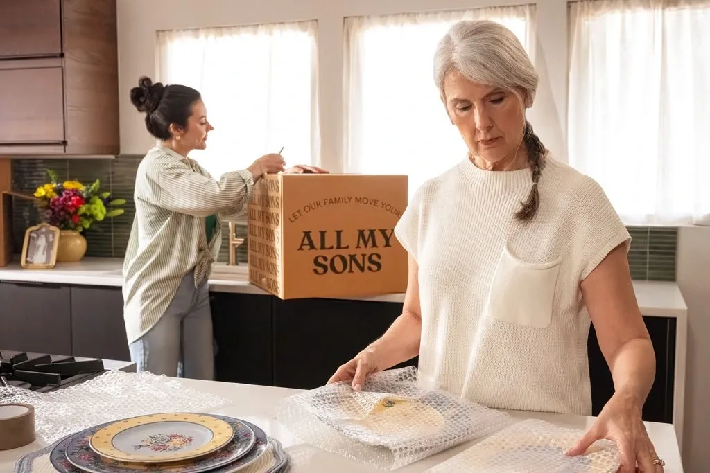 A mother and her adult daughter pack dishes into All My Sons boxes for a fall move.