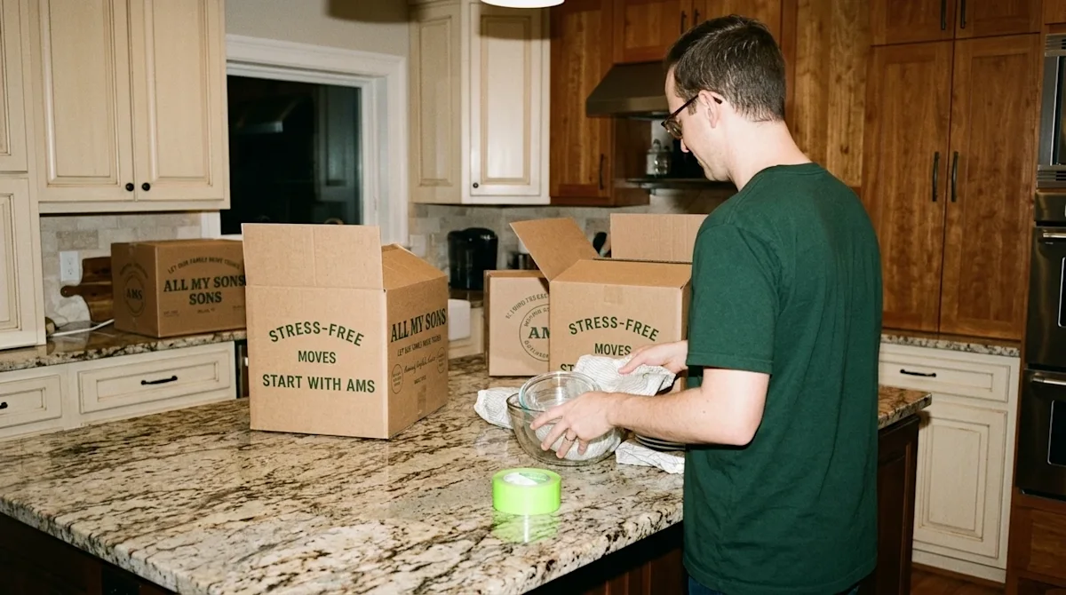 Candid 35mm film photography of a warm, inviting home kitchen featuring a beautiful, highly detailed polished stone island co