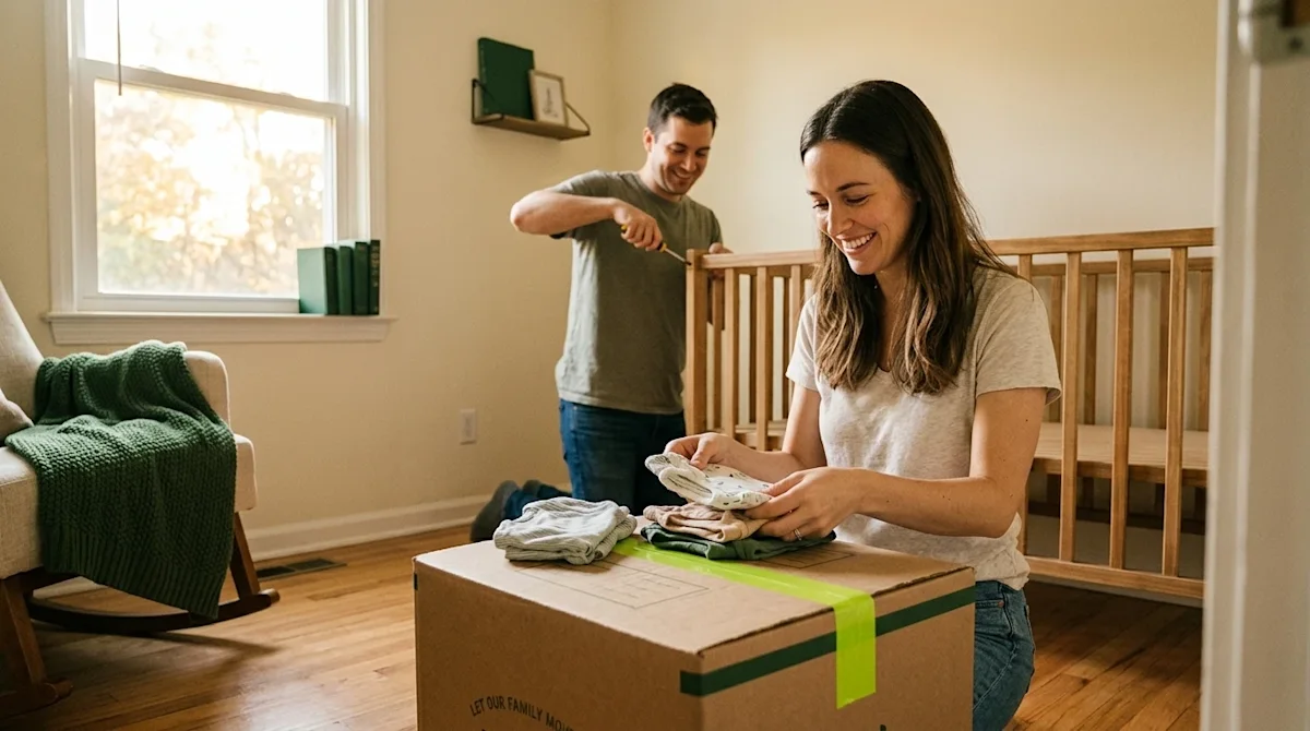 Candid 35mm lifestyle photography of a young couple happily setting up a budget-friendly baby nursery in their new home. The