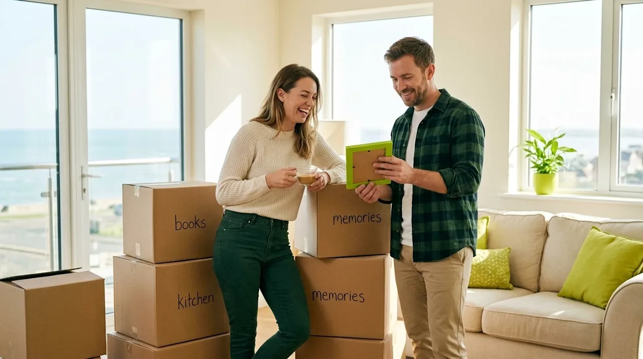 Candid 35mm lifestyle photography of a joyful, relaxed couple in a bright, sunlit living room with large windows, taking a ha
