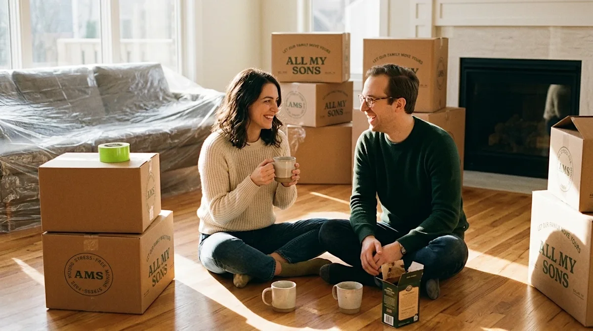 Candid analog film photography of a relaxed, smiling young couple taking a stress-free coffee break on the warm wooden floor