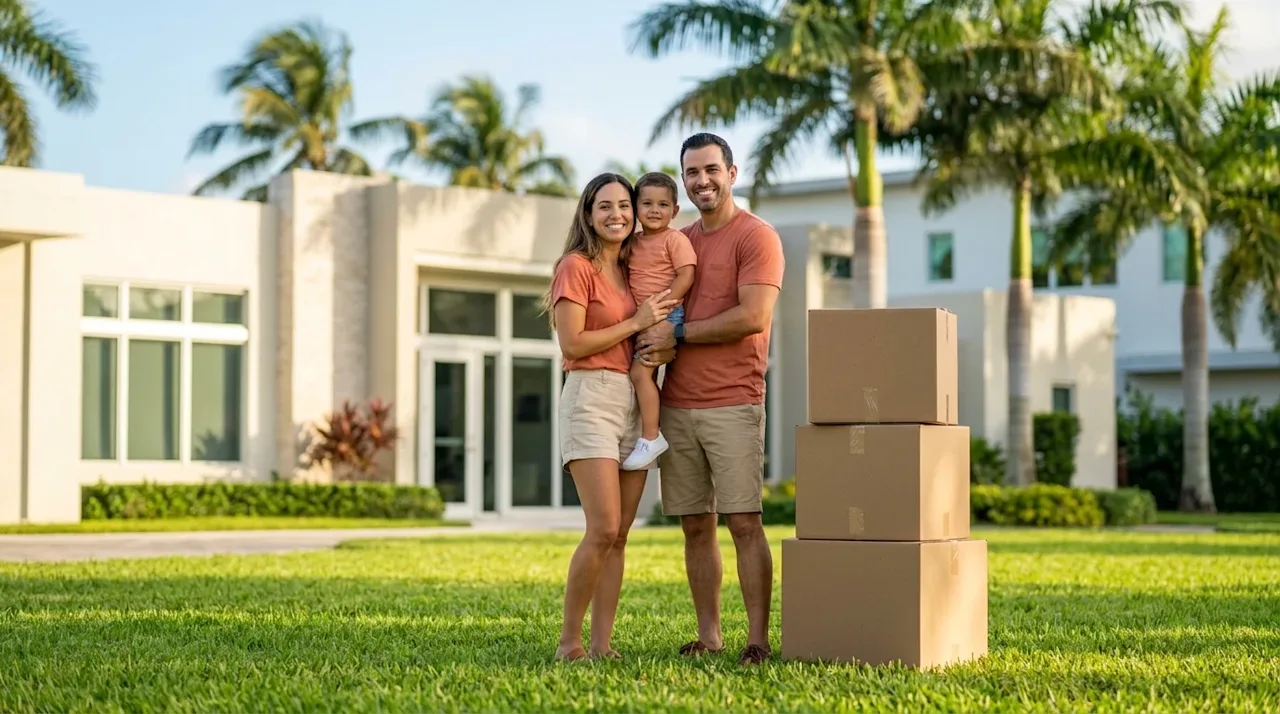 Professional photography of a happy family with a young child standing together smiling in front of a bright, modern Miami sc