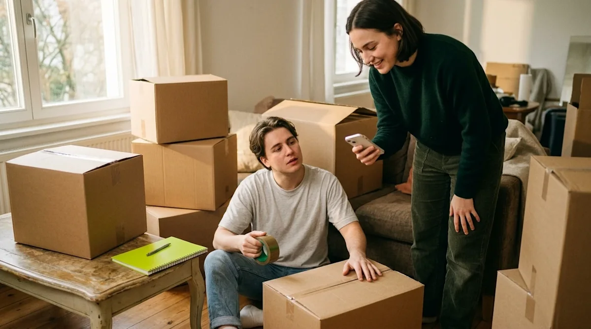 A candid, high-quality lifestyle photograph representing the choice between DIY moving and hiring professionals. A couple in