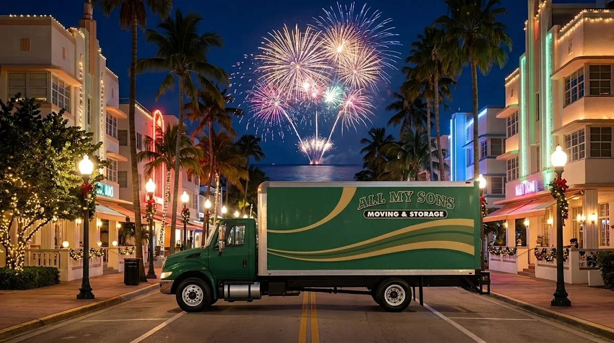Cinematic photography of a pristine, professional moving truck parked securely along an iconic Miami street at night during a