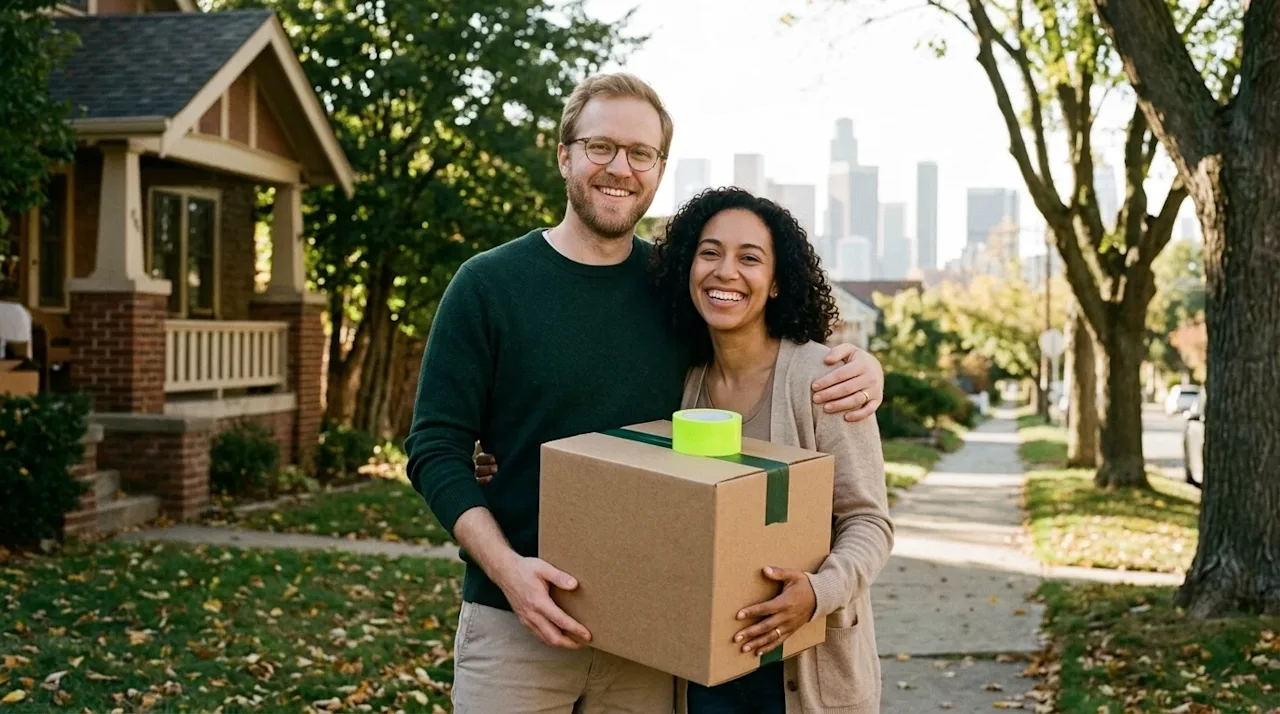 A lifestyle photograph of a smiling couple taking a break on moving day, standing outdoors and holding a beautifully packed k