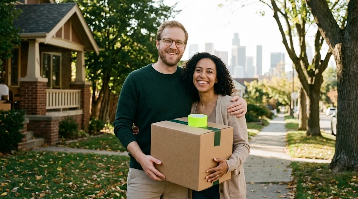 A lifestyle photograph of a smiling couple taking a break on moving day, standing outdoors and holding a beautifully packed k
