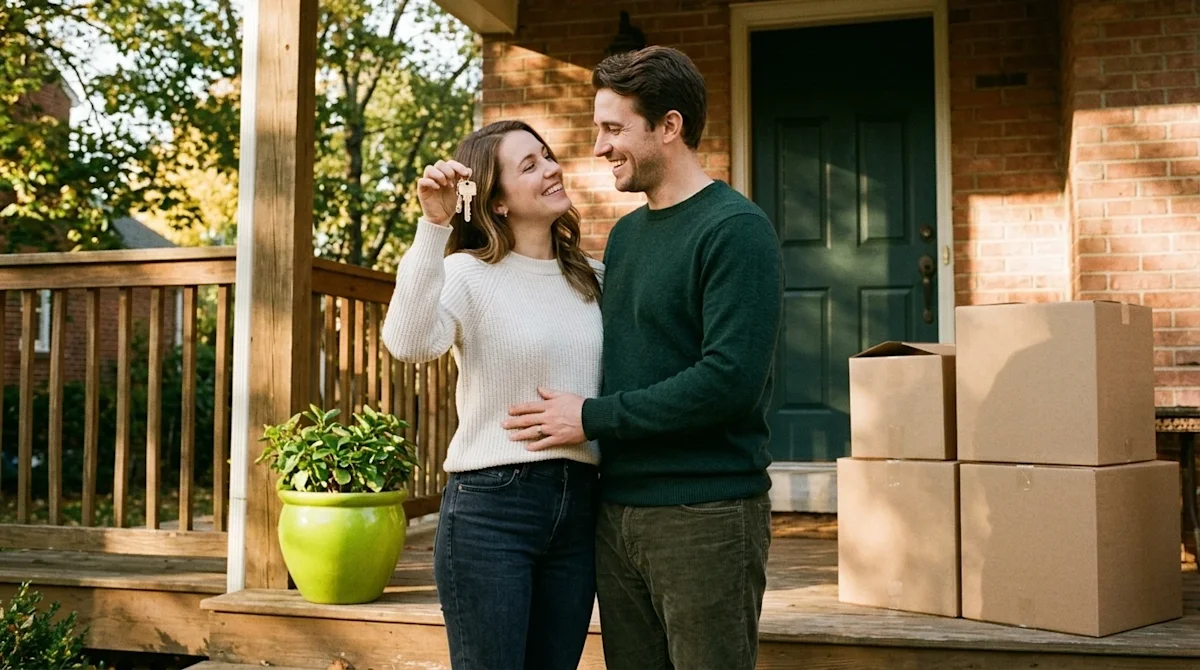 Candid, documentary-style 35mm film photography of a joyful couple standing on the front porch of their newly purchased home,