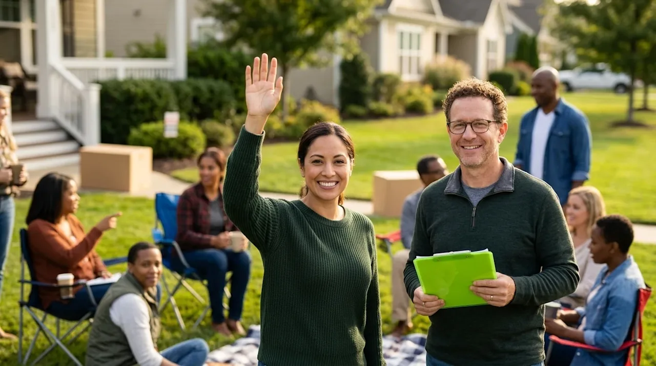 Authentic, high-quality lifestyle photography of a friendly, diverse group of neighbors gathered outdoors on a sunny, well-ma