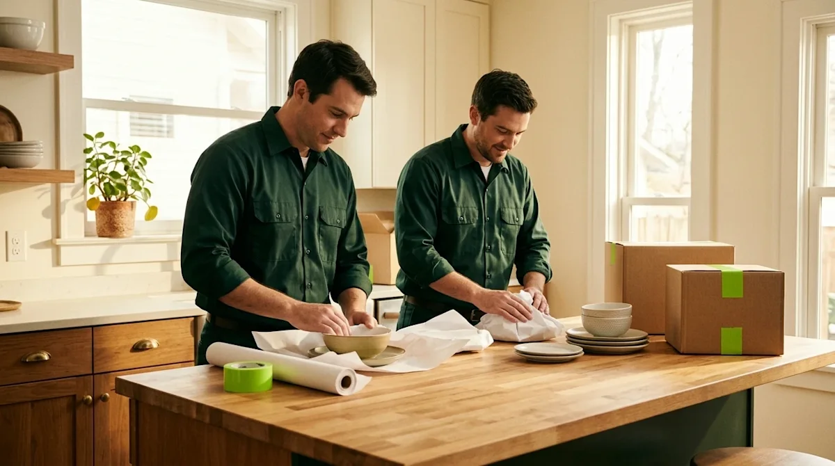 Professional marketing photography, lifestyle documentary style shot of professional movers providing expert packing services