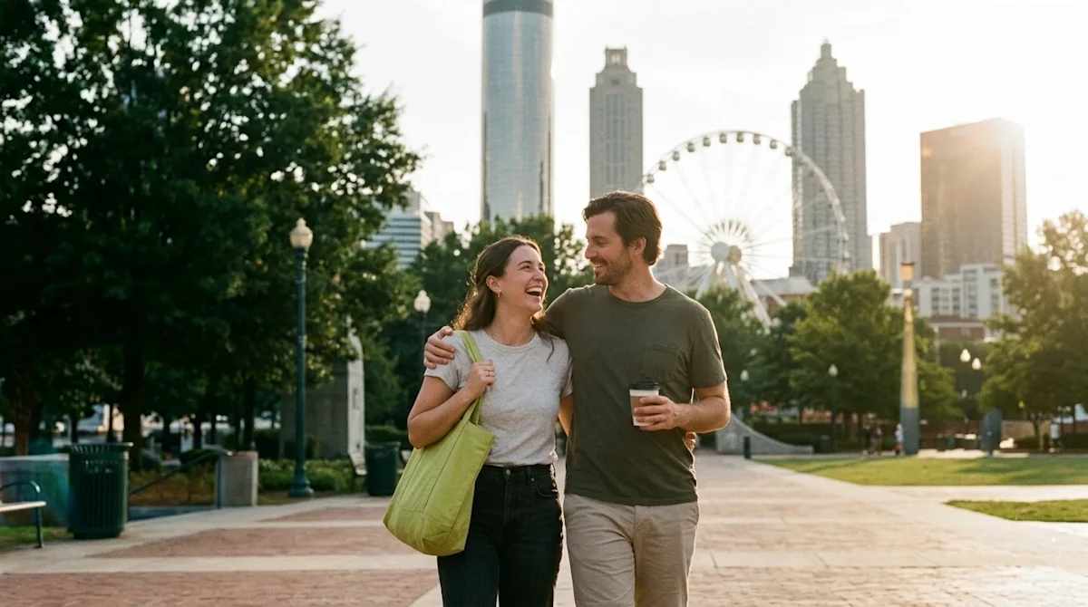 A candid, documentary-style lifestyle photograph of a relaxed, happy couple walking through Centennial Olympic Park with the