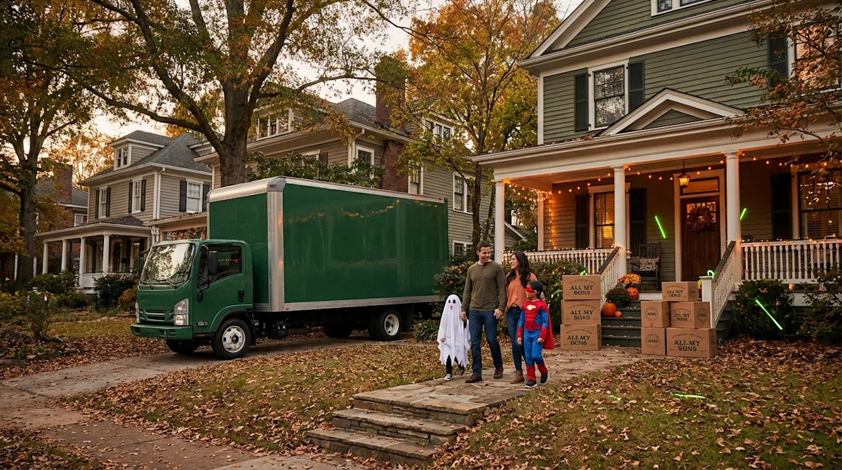 Family in Halloween costumes moving into an Atlanta home next to a green moving truck and stacked boxes.
