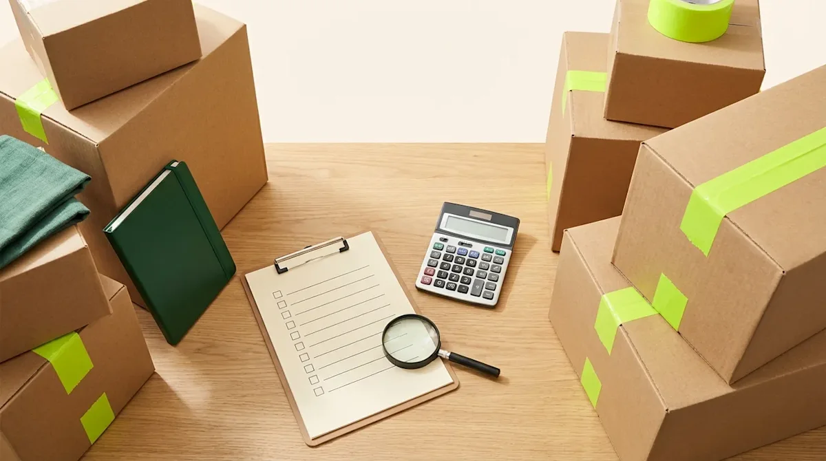 High-angle view of moving boxes, calculator, and clipboard checklist for budgeting and estimating moving costs.